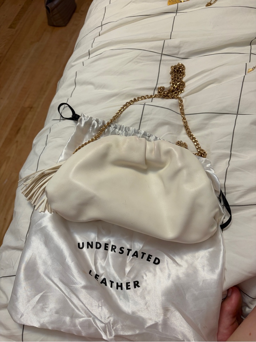 Understated Leather Ivory Pouch Clutch Bag with Tassel & Gold Chain ✨
